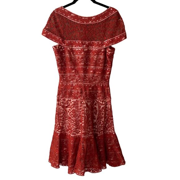Tadashi Shoji 2 Lace Dress Orange A-line Unique Neckline Runaway Party - Picture 1 of 15